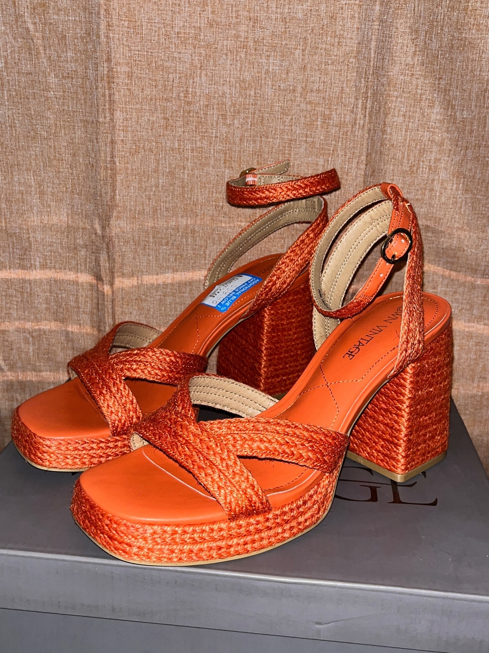 Woven Platform Block Heel Sandals - Orange